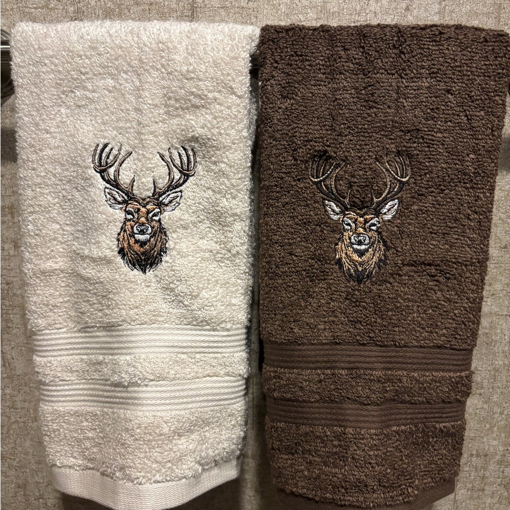 Embroidered Deer Bath Towel Set - Cream and Brown